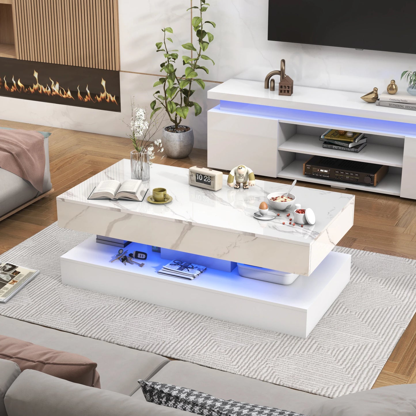 Modern Coffee Table With LED Lights And Storage Drawers
