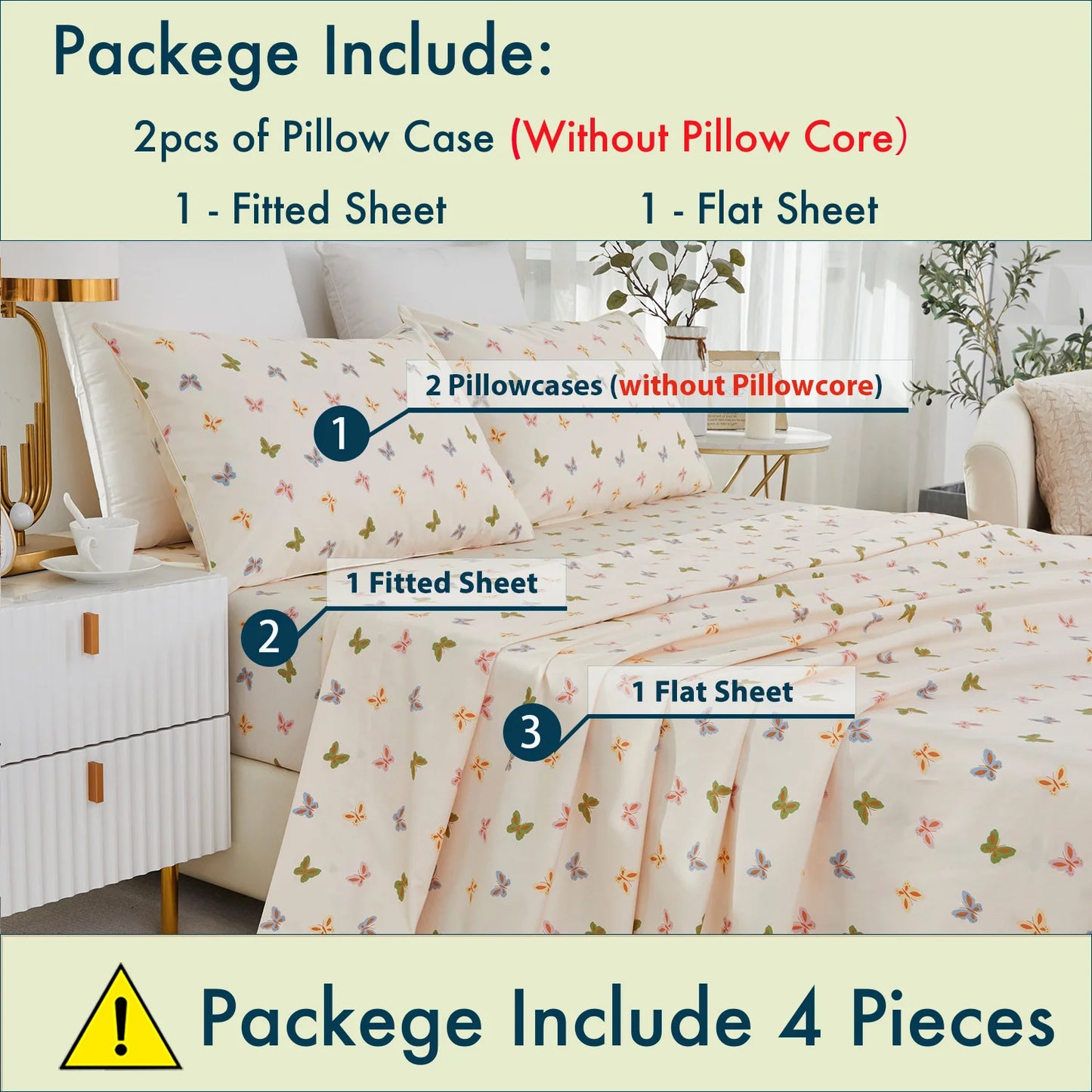 4 Piece 600 TC 100 Percent Egyptian Cotton Fitted Sheet Set Colorful Butterfly Shabby Chic Soft and Skin Friendly