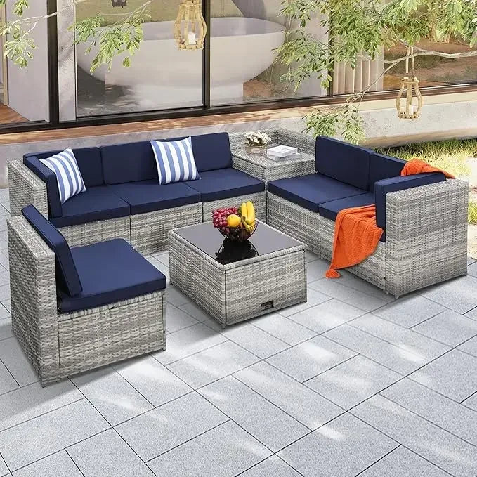 Eight Piece Outdoor Grey Rattan Patio Set With Glass Table And Hidden Storage