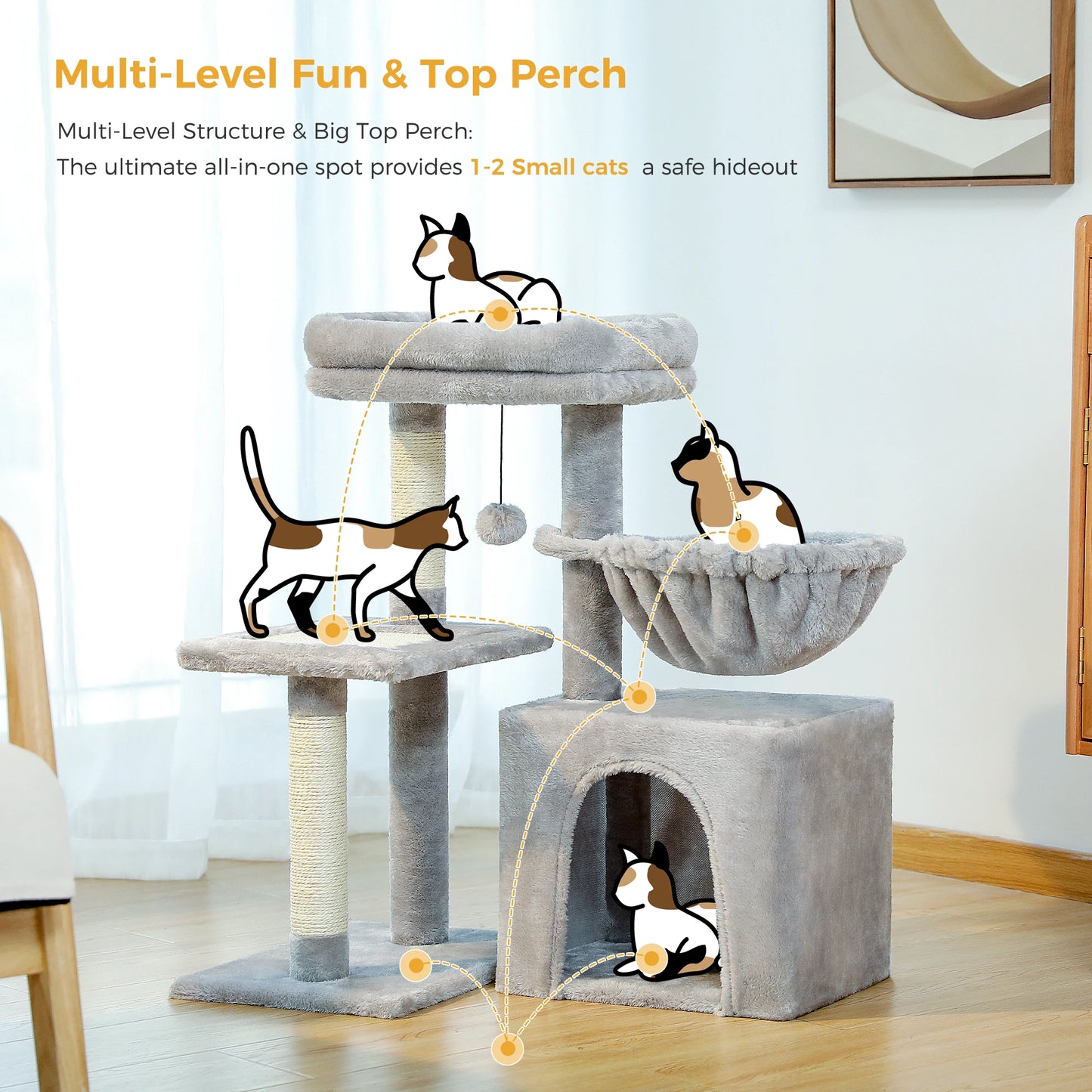 Grey Cat Tree Tower For Indoor Cats Two Styles With Hammock