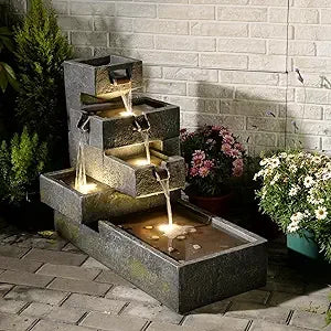 Tiered Outdoor Water Fountain For Garden And Indoor Use Freestanding Cascade Resin Concrete Modern Style With LED