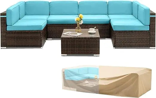 Outdoor Patio Furniture Set 7 Pieces Sectional PE Rattan Sofa Waterproof Cover