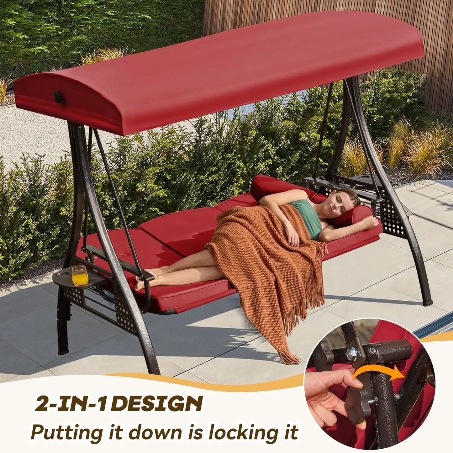 3 In 1 Outdoor Porch Swing With Adjustable Canopy 3 Seat For Adults Patio Chair