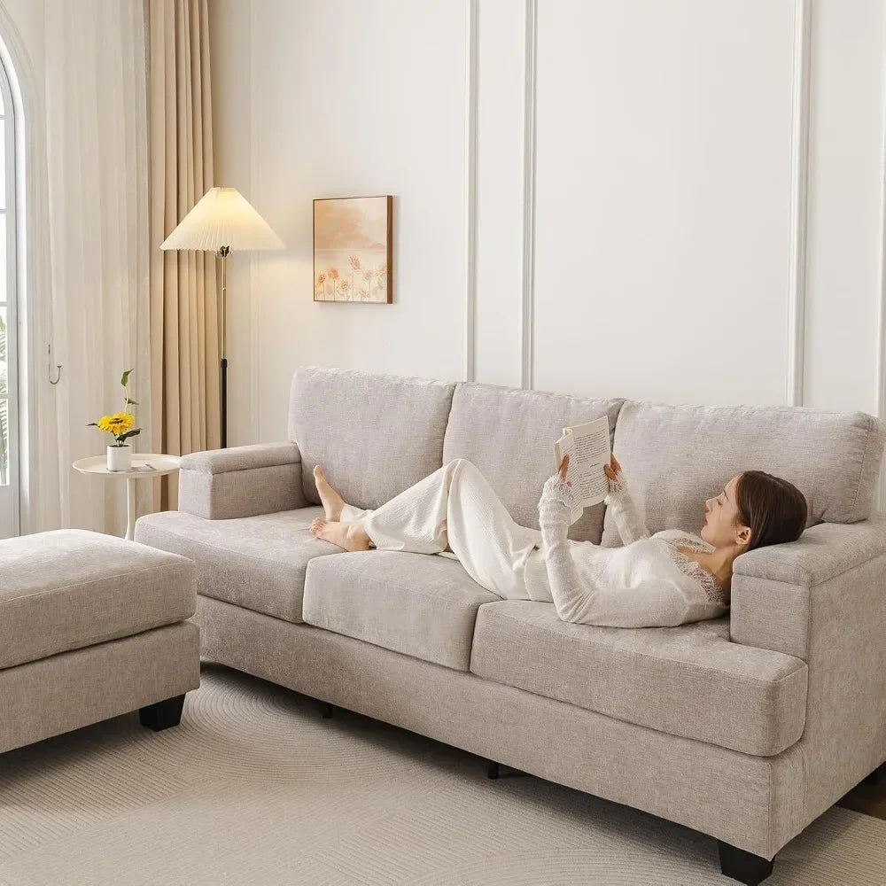 85 Inch L Shaped Couch With Movable Ottoman Chenille Sectional Sofa