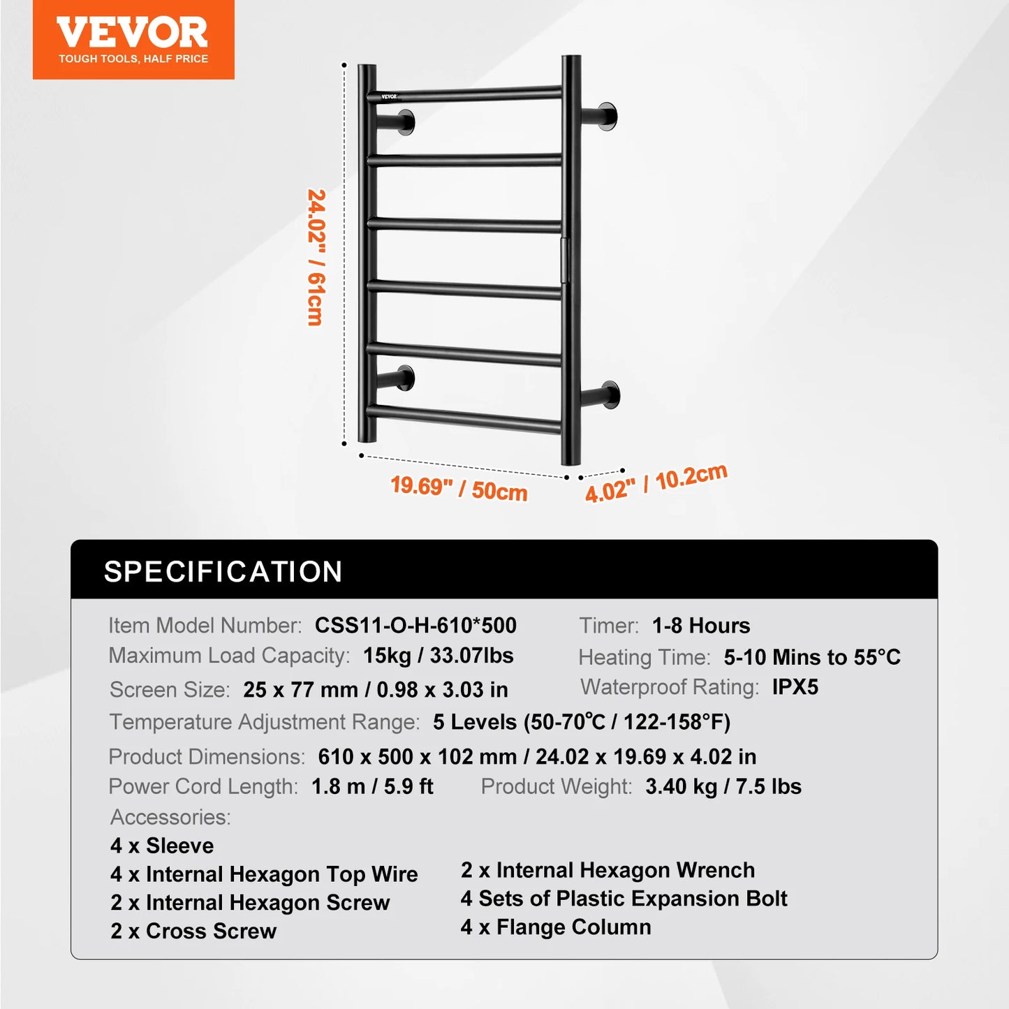 SucceBuy Wall Mounted Towel Warmer Rack 5 Levels IPX5