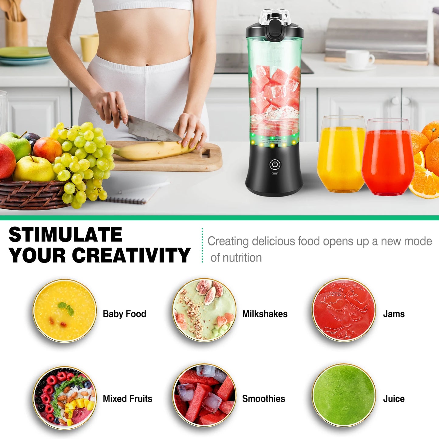 Professional Portable 2 In 1 Blender 600ML Electric Juicer Fruit Mixer USB Rechargeable Mini Smoothie Maker