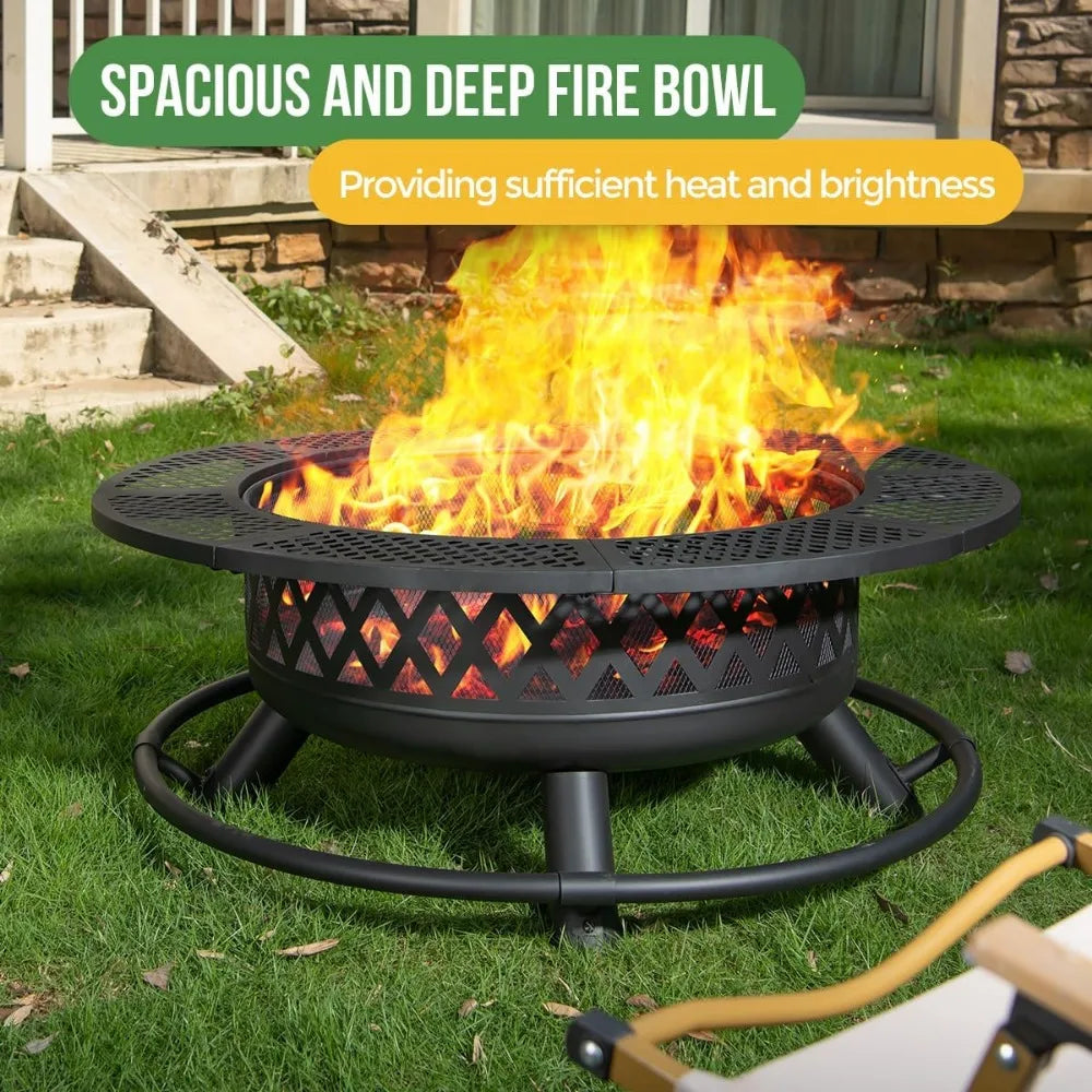 36 Inch Round Fire Pit Grill And Lid Wood Burning 3 In 1