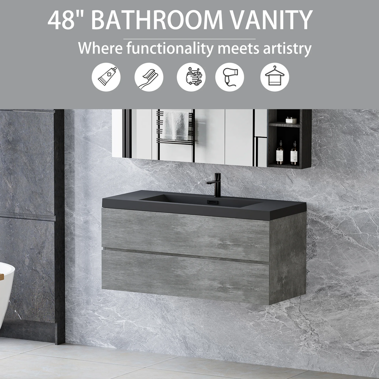 48 Inch Floating Bathroom Vanity With Sink Black Quartz Top