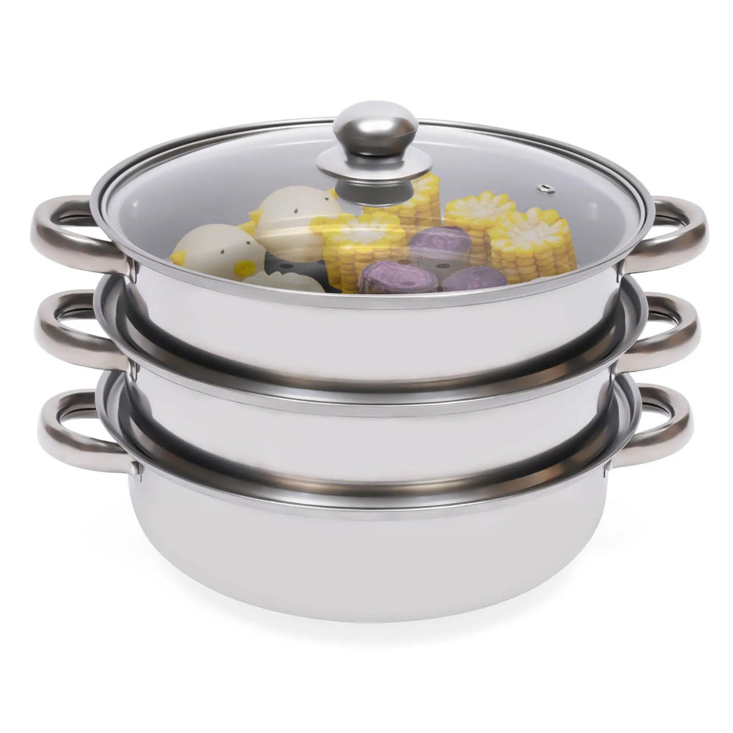 11 Inch 3 Tier Large Stainless Steel Steamer Pot Set with Glass Lid