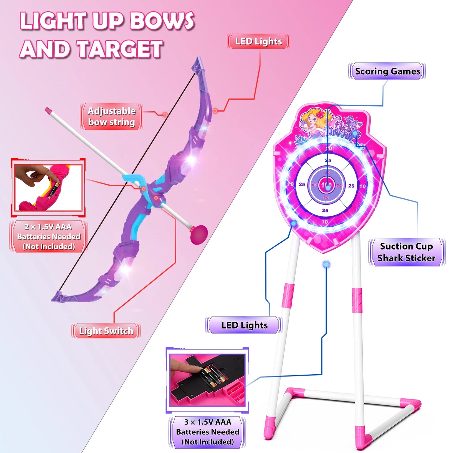 VATOS Night Light Bow and Arrow Toy for Girls Archery Set with Target Board