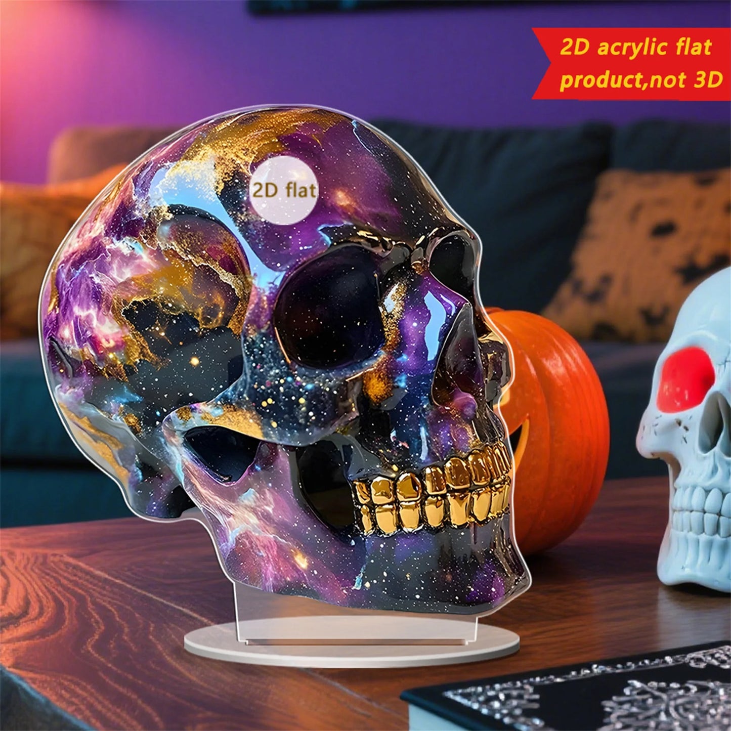 Spooky Halloween Skull Decorations Set of 3 2D Flat Acrylic Skeleton Head Ornaments for Home Holiday Party Tabletop Display