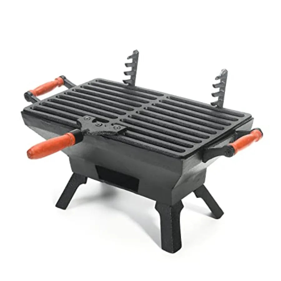 Compact Cast Iron Charcoal Grill 12 x 7 With Adjustable Grate And Wood Handles