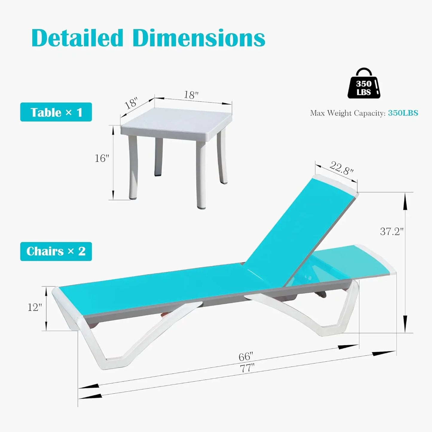5 Position Aluminum Outdoor Lounge Chair Set Of 3 With Wheels All Weather