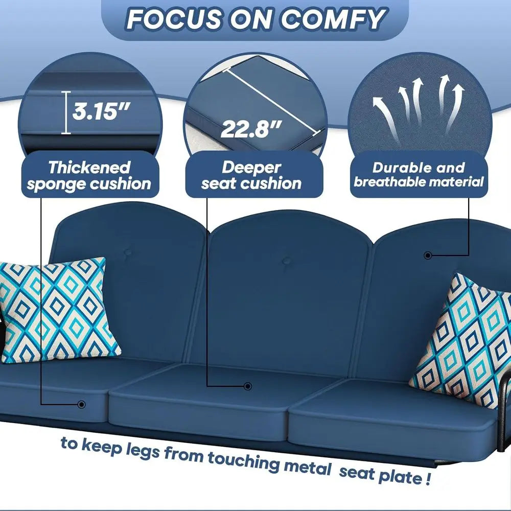 3 Seat Outdoor Swing With Stand 800lbs Capacity Convertible Swing Bed Blue