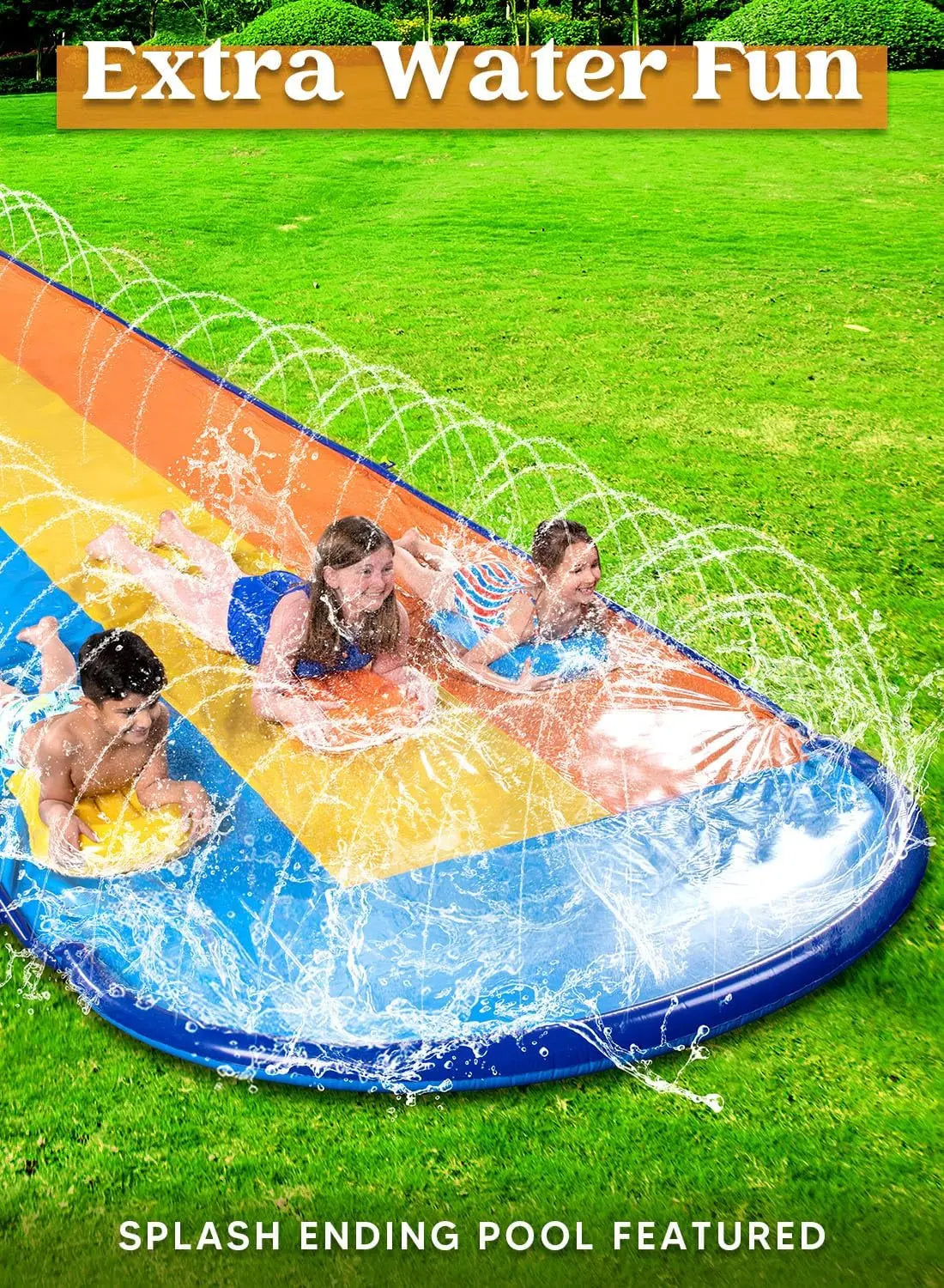 22.5FT Triple Lane Water Slide With Sprinkler And BodyBoards Kids Summer Fun