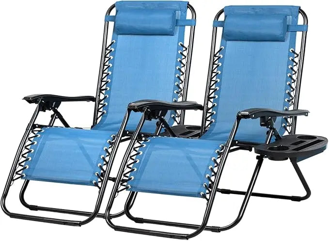Set of 2 Adjustable Zero Gravity Lounge Chairs with Cup Holder and Pillow