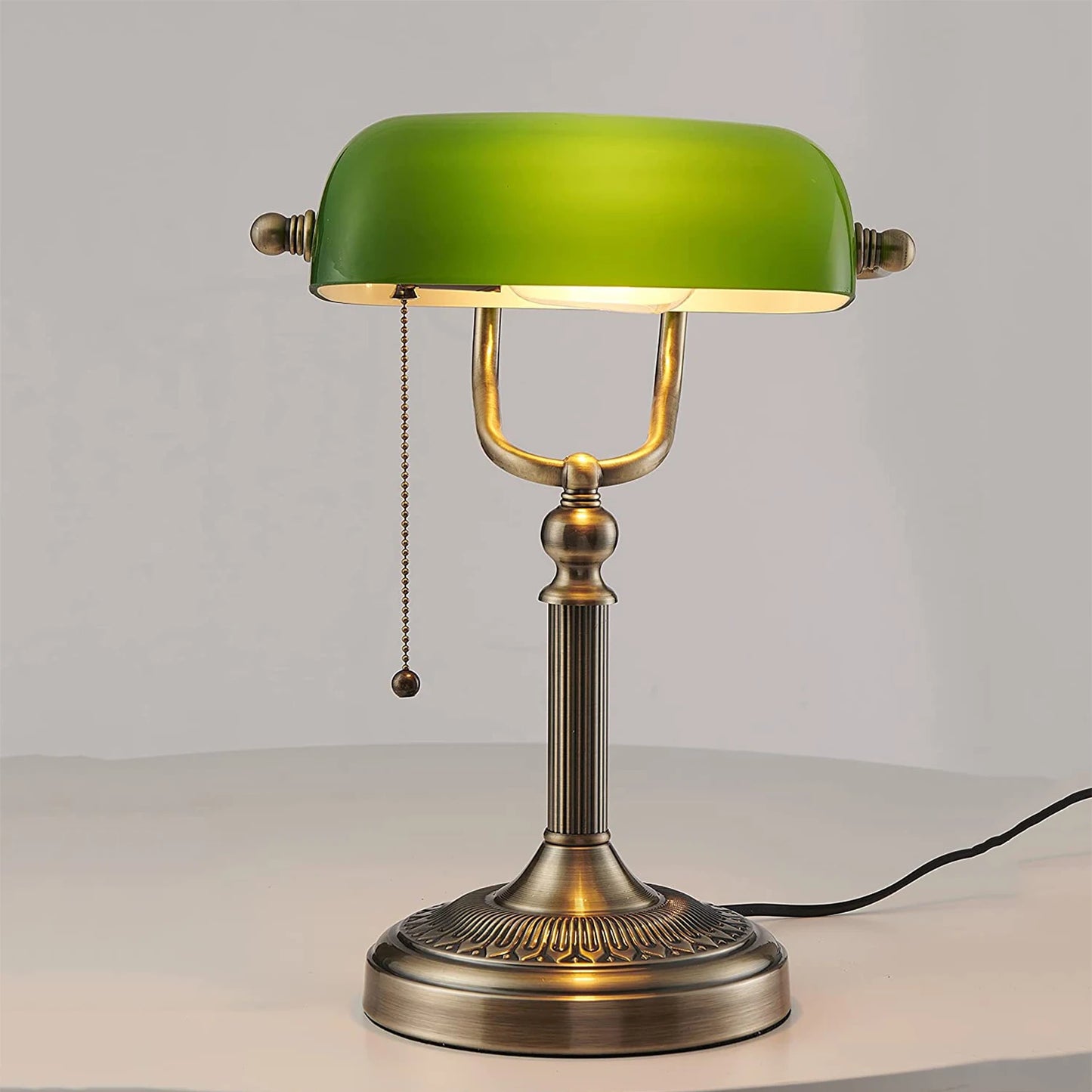 Classical Green and White Glass Bankers Desk Lamp with Zipper Switch for Living Room Bedroom and Bedside Sofa Table