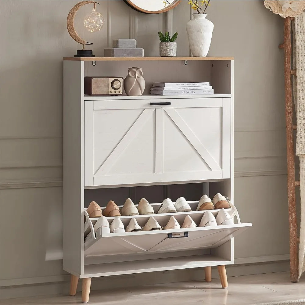 White Oak Freestanding Farmhouse Shoe Cabinet With Flip Drawers And Doors