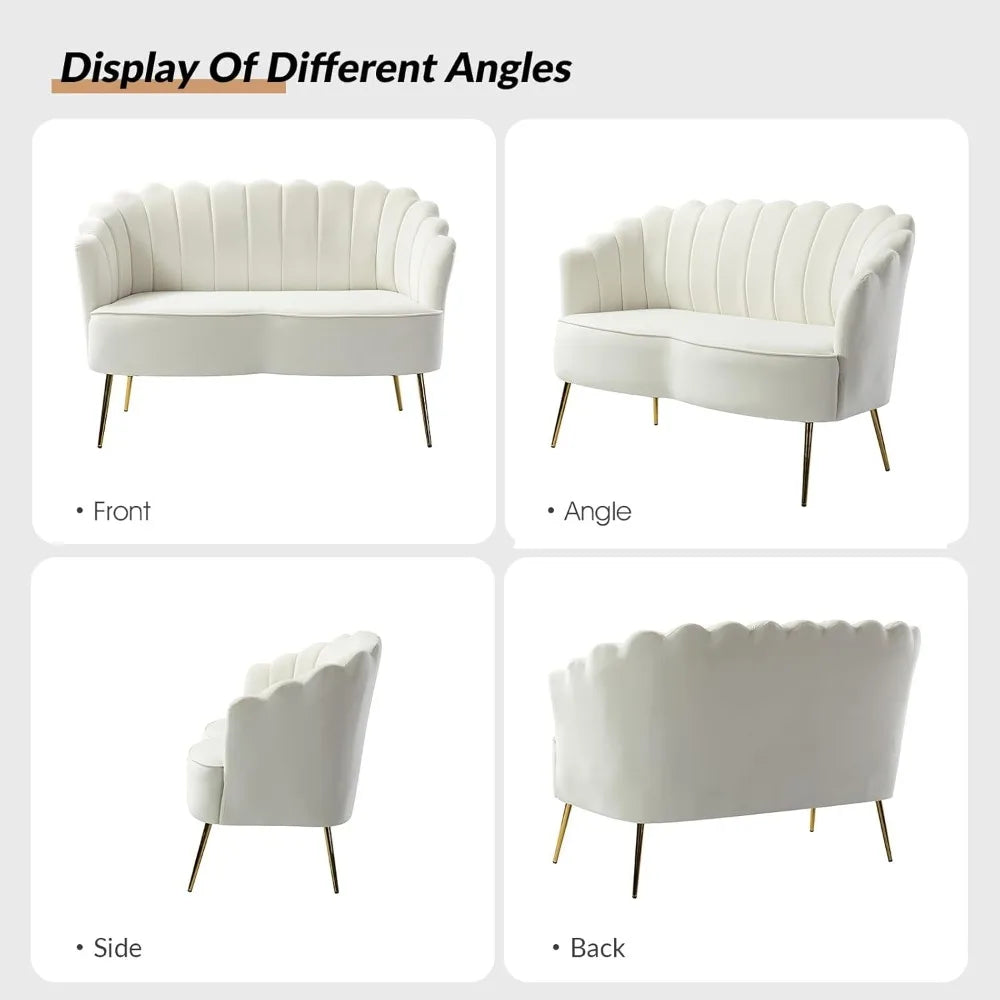 Modern Velvet Loveseat Sofa Two Seater With Flower Back And Gold Metal Legs Ivory
