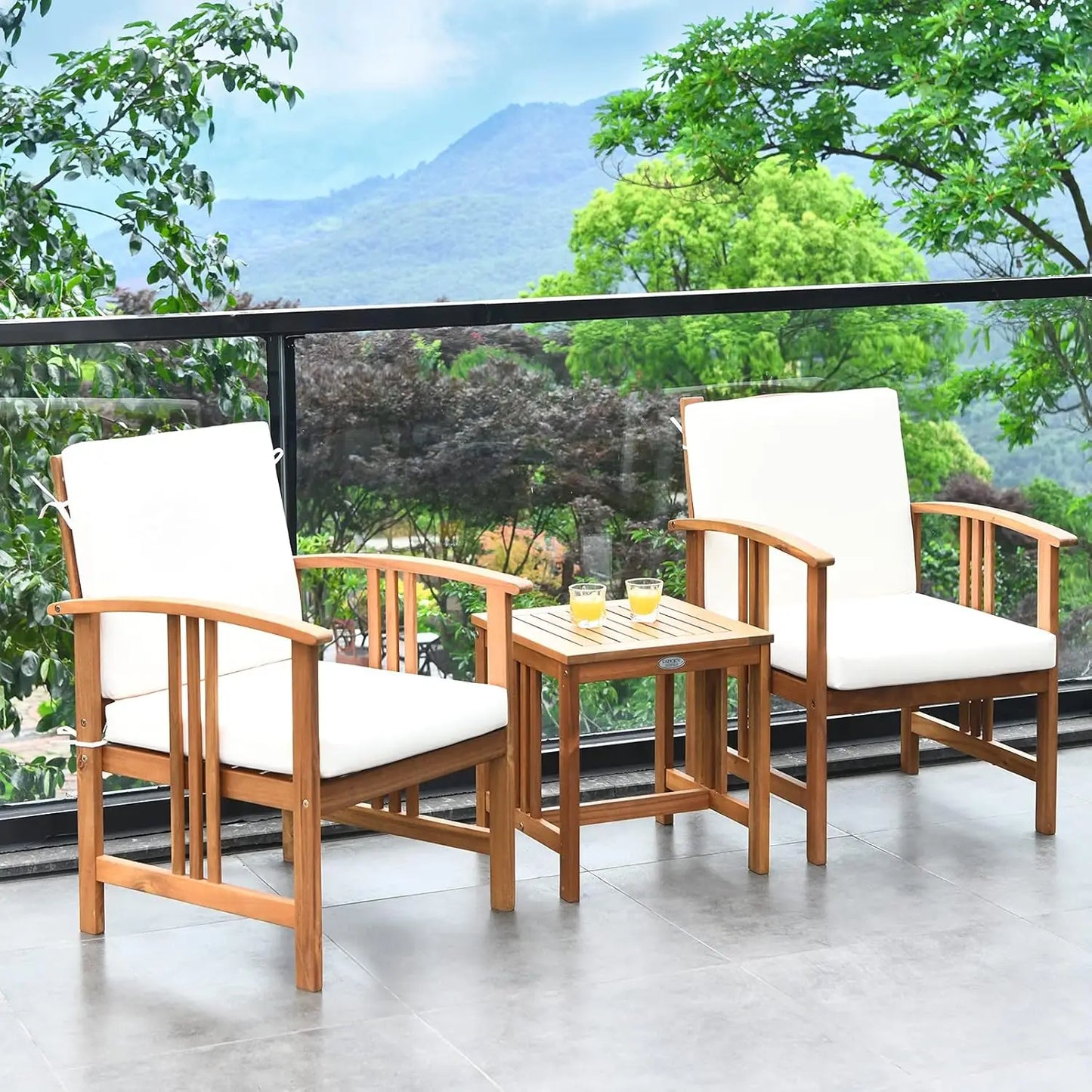 3 Piece Patio Furniture Set With Acacia Wood Cushioned Chairs And Coffee Table
