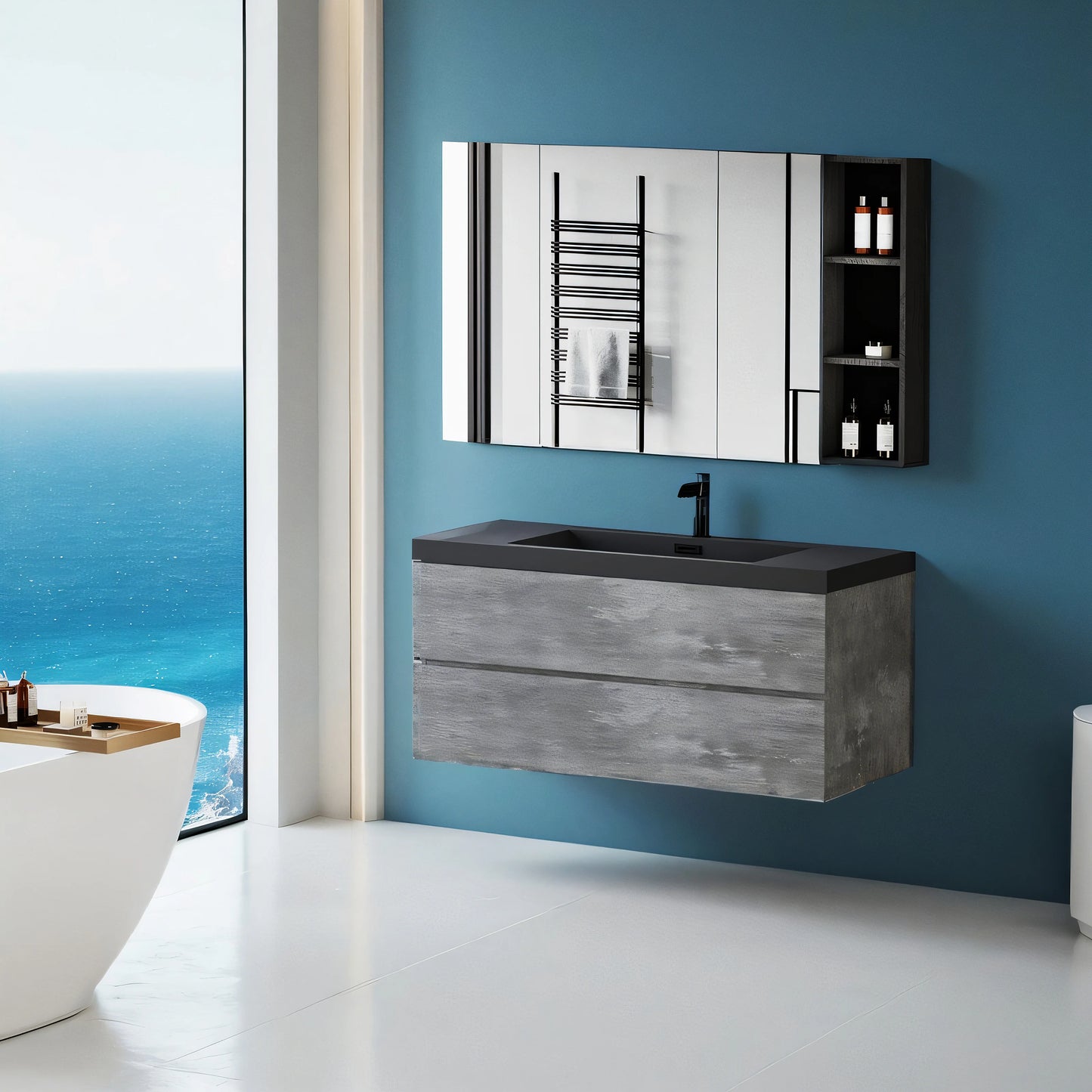 48 Inch Floating Bathroom Vanity With Sink Black Quartz Top