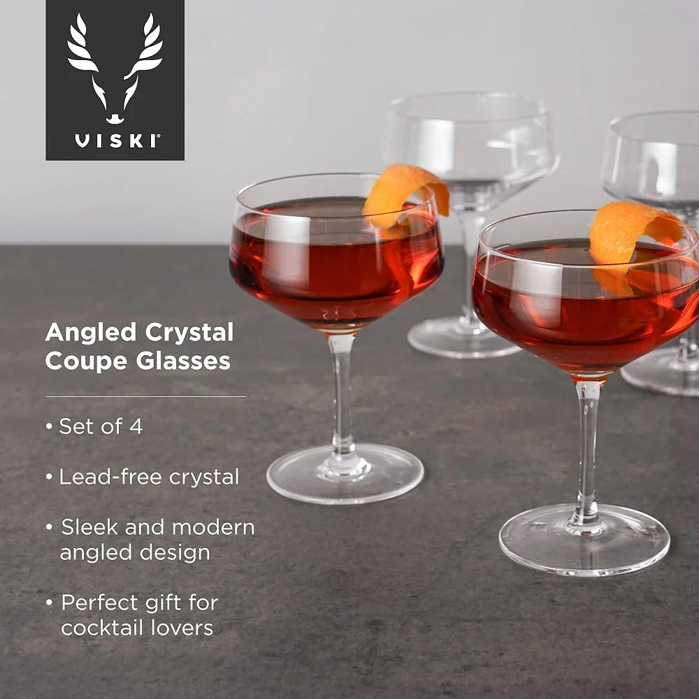Angled Stemmed Crystal Coupe Glasses Set Of 4 7oz Gift Set