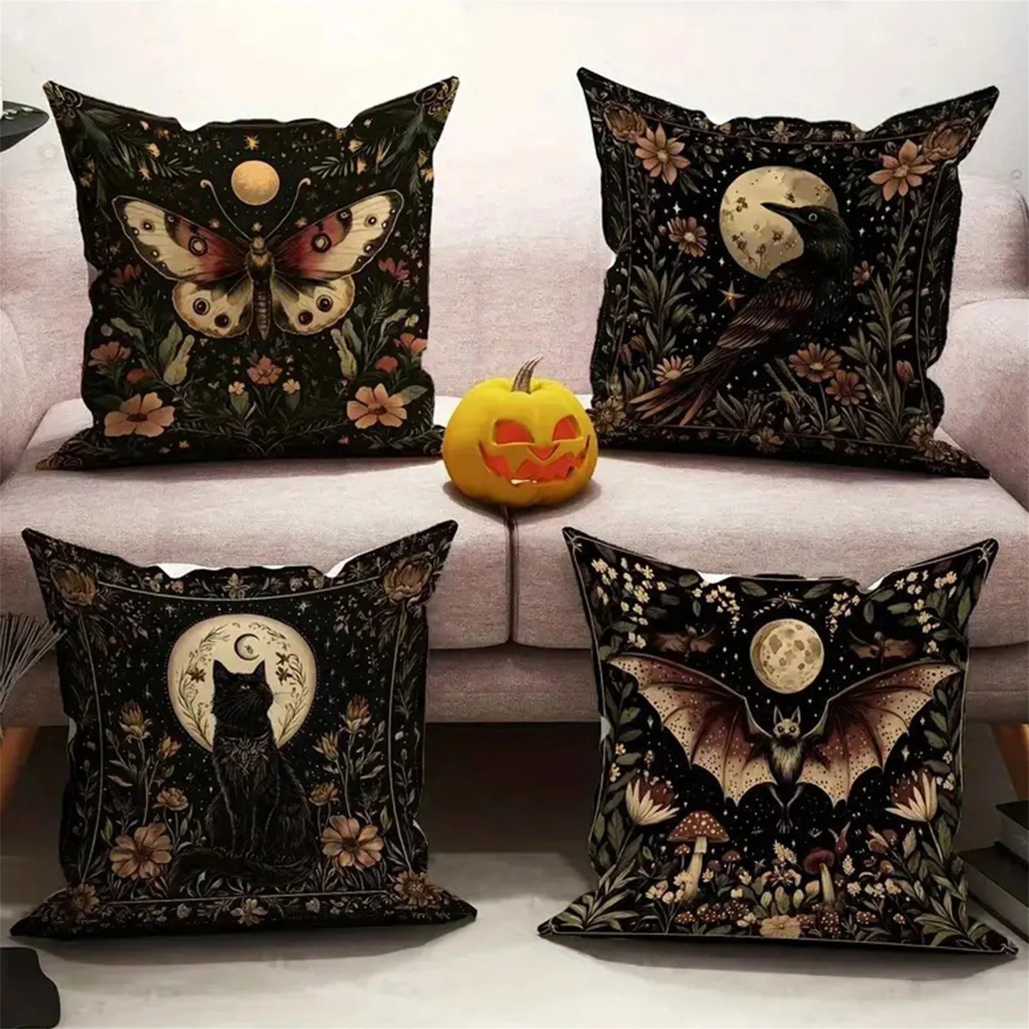 Spooky Halloween Pumpkin Ghost Spider Throw Pillow Cover