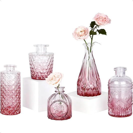 Pink Day Glass Bud Vase Set of 5 Small Flower Vases for Centerpieces Mini Vintage Vases for Wedding Decor Single Flowers