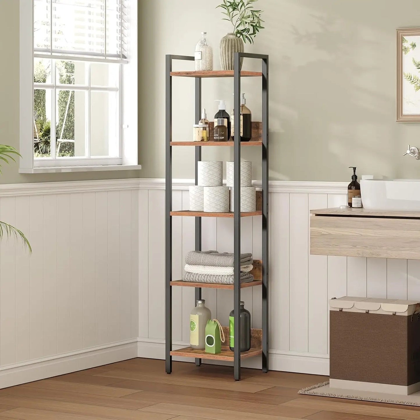 5 Tier Bookcase For Small Spaces Rustic Brown Black Storage Shelf Living Room