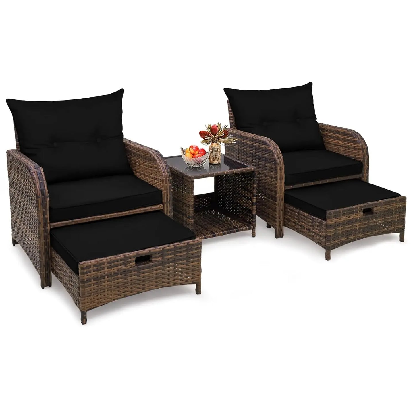 5 Piece Wicker Outdoor Patio Chairs With Ottomans All Weather PE Rattan Set