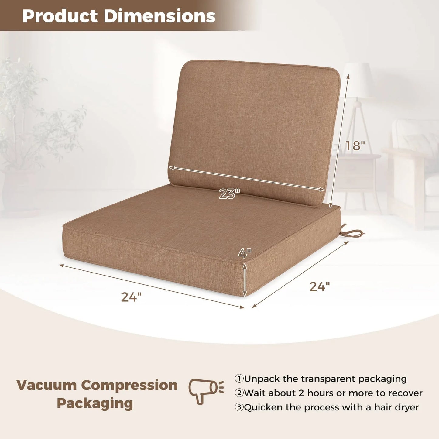 6 Pack 24 Inch x 24 Inch Deep Seat Cushion and Back Pillow with Removable Covers for Outdoor Use