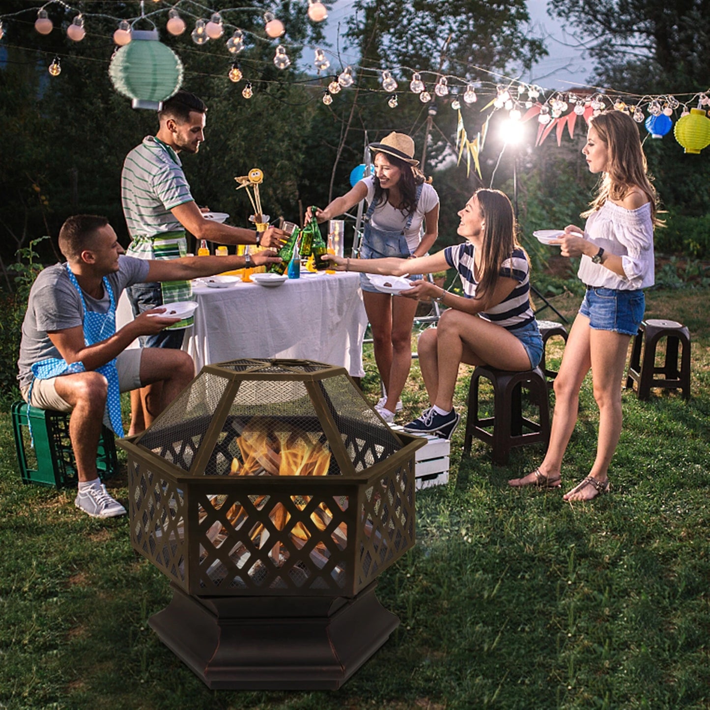 22 Inch Hexagonal Iron Brazier Wood Burning Fire Pit