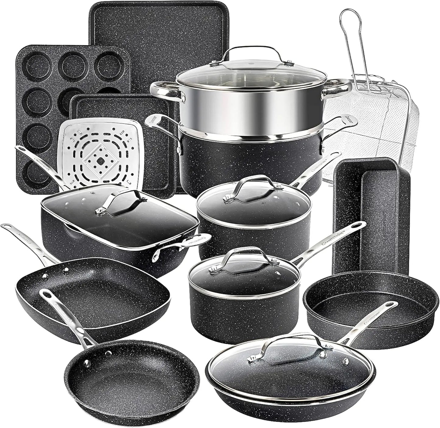 True 20 Piece Pots and Pans Set Non Stick Cookware with Deep Square Pan and Bakeware Non Toxic PFOA PFOS Free Oven Safe Blue Diamond