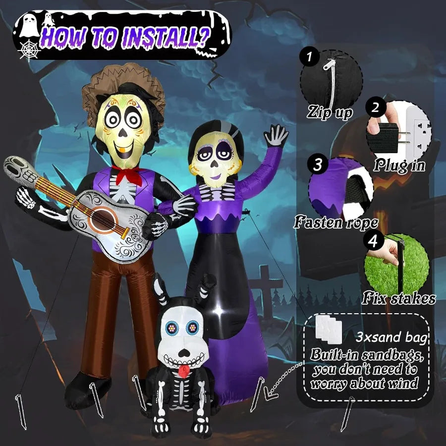 6 Ft Day of the Dead Sugar Skull Couple Guitar Skeleton Yard