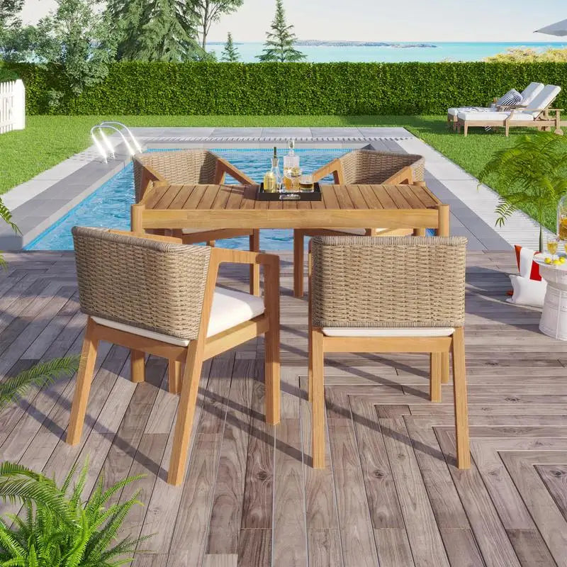 Bamboo Outdoor Dining Set 5 Piece Table And 4 Chairs Teak Beige Finish