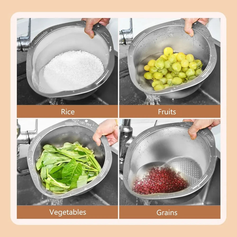 Stainless Steel Rice Washer Strainer Bowl With Side Drainers