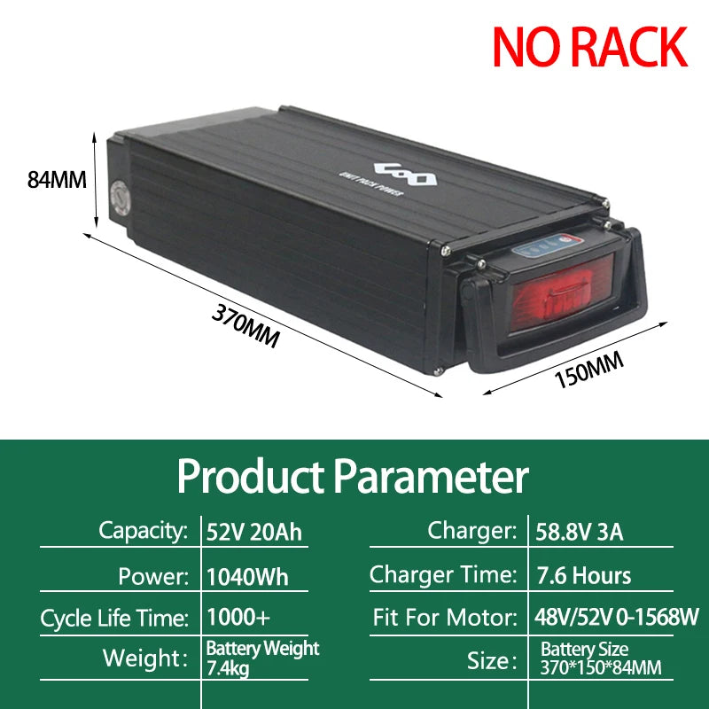 Rear Rack Battery 36V15Ah 48V15Ah 52V20Ah 24 26 28 Inches