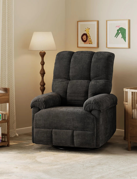 Oversized Overstuffed Chenille Recliner With Swivel Rocker And Padded Armrests