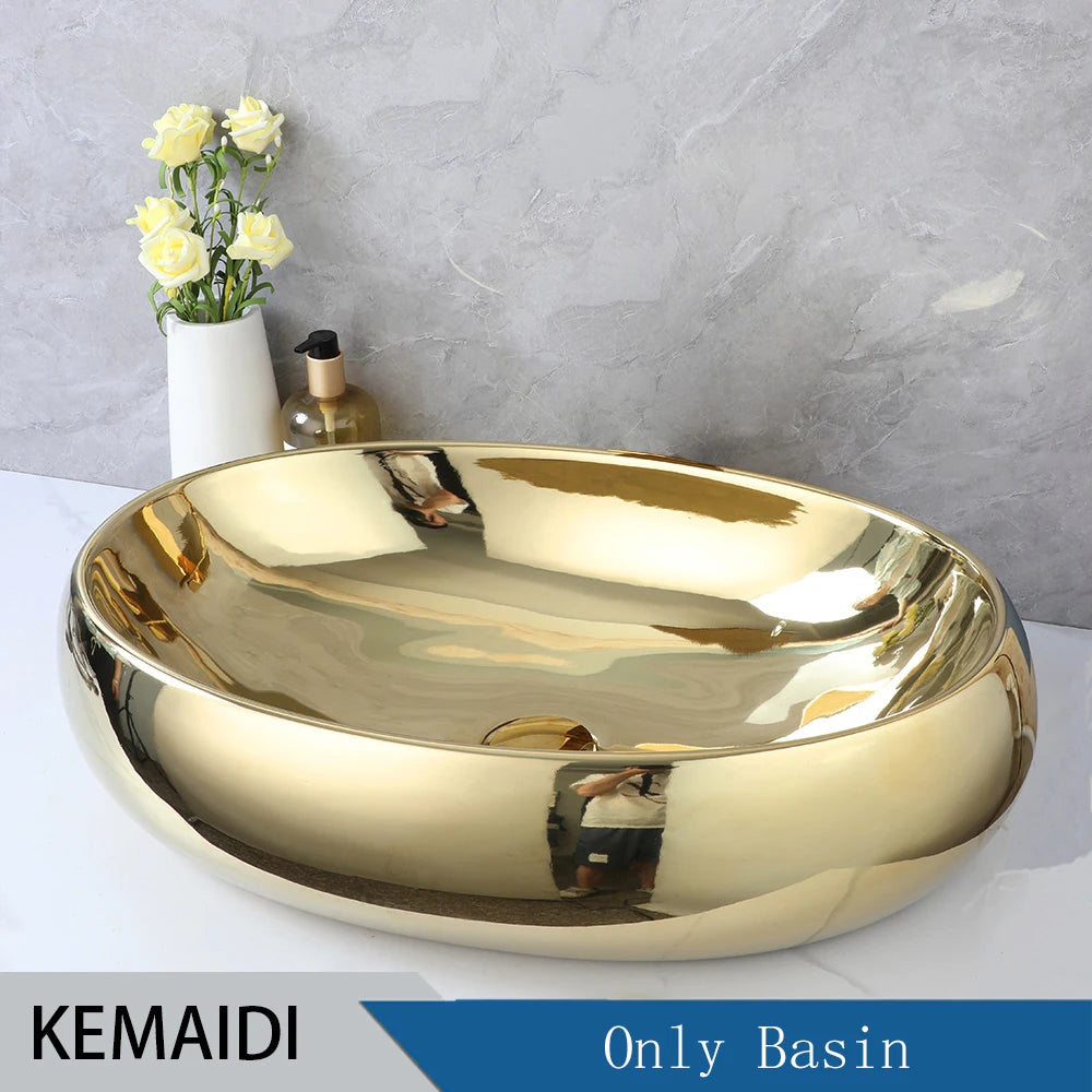 KEMAIDI 23In Oval Ceramic Vessel Sink Gold Waterfall Faucet