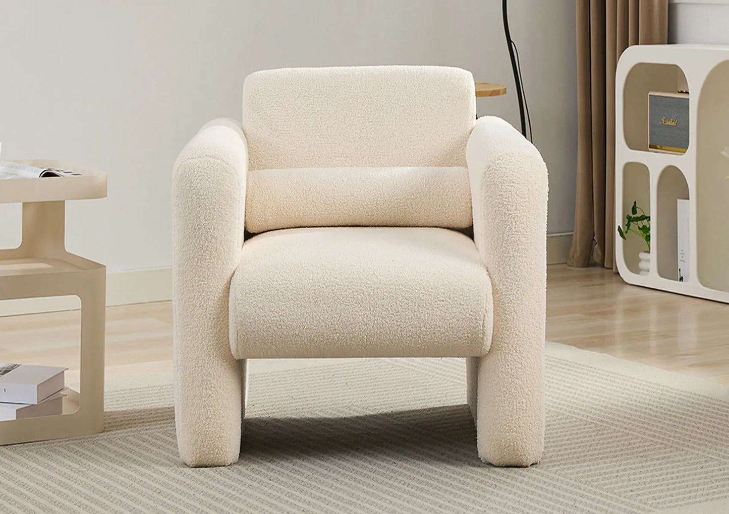 Modern Accent Chair Lambskin Sherpa Upholstered Reading Armchair With Pillow