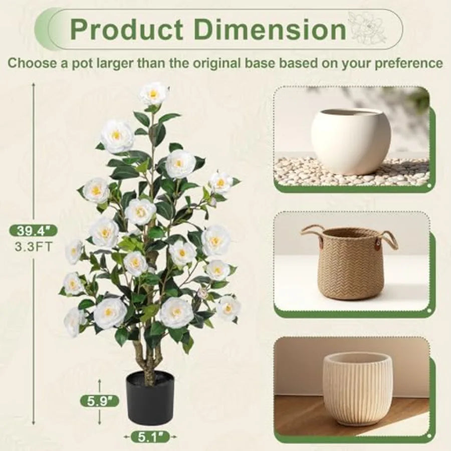 Artificial Camellia Tree 3.3 Ft Set Of 2 Blooming Flowers Natural Wood Trunk