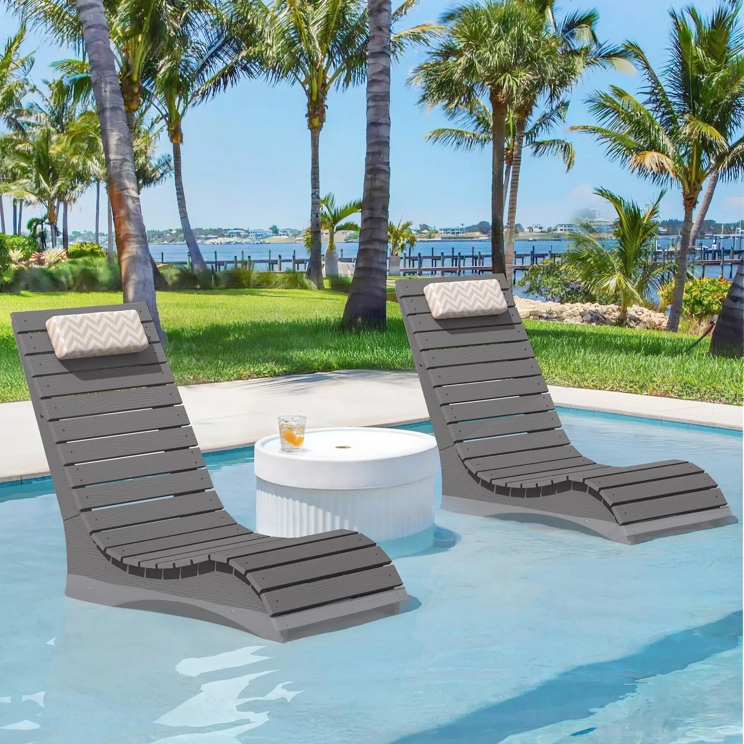 HDPS Pool Lounge Chairs With Headrest For Outdoor Use Up To 10 Inches Water