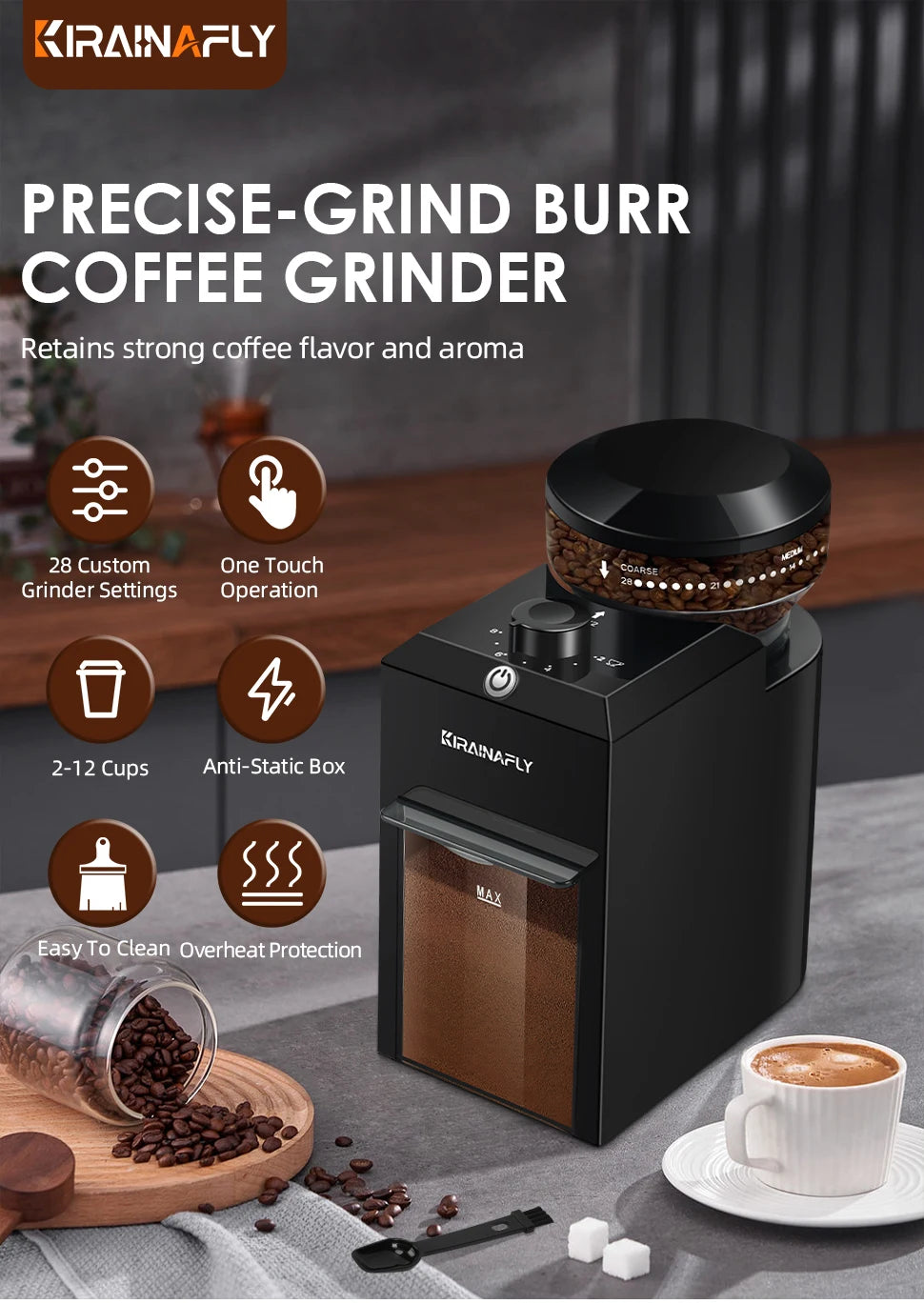Electric Burr Mill Coffee Grinder Automatic Coffee Bean Grinding with 28 Grind Settings for Espresso French Press Drip 2 to 12 Cup