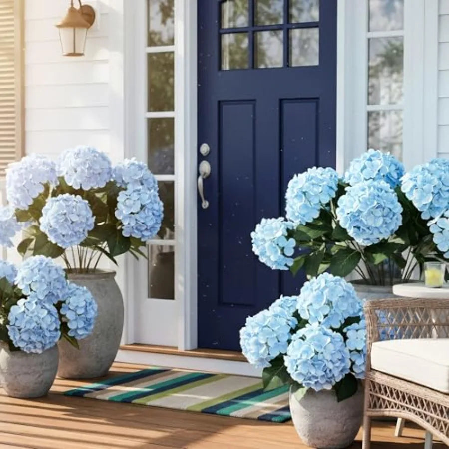 6 Bundles UV Resistant Faux Hydrangea Flowers Blue Outdoor Indoor Use 30 Heads