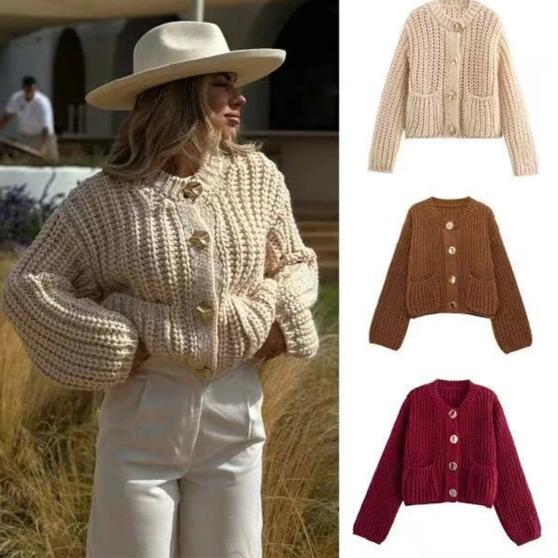 Women Autumn Winter Knitted Cardigan Pocket Button Casual Long Sleeve Loose Fit