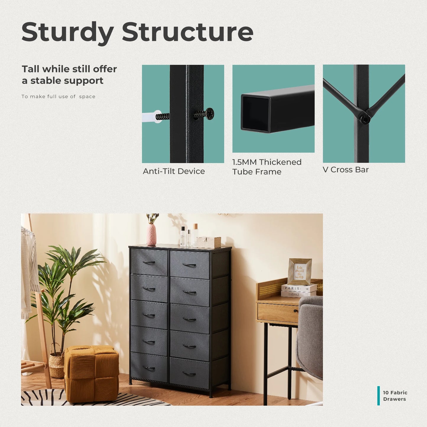 JHK Bedside Table With 10 Fabric Drawers Steel Frame