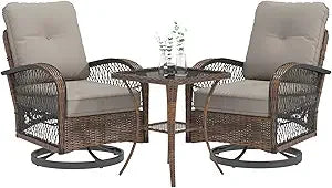 3 Piece Patio Furniture Set With Wicker Swivel Rocker Chairs And Cushions