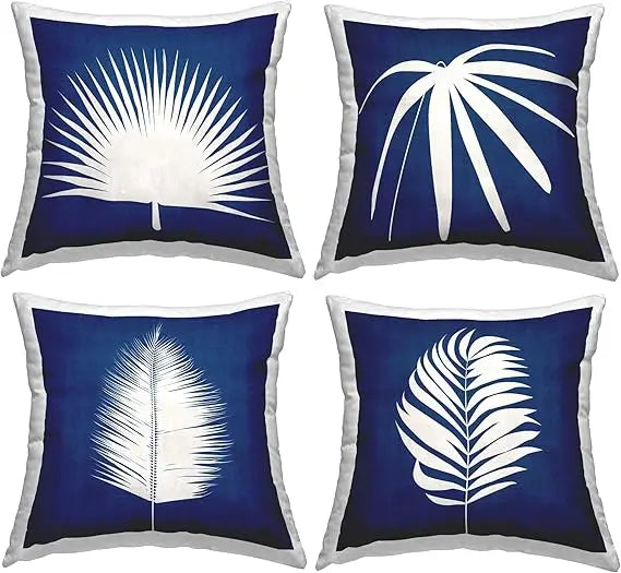 Bold Blue White Modern Botanical Leaf Design Throw Pillow Set of 4 18 x 18