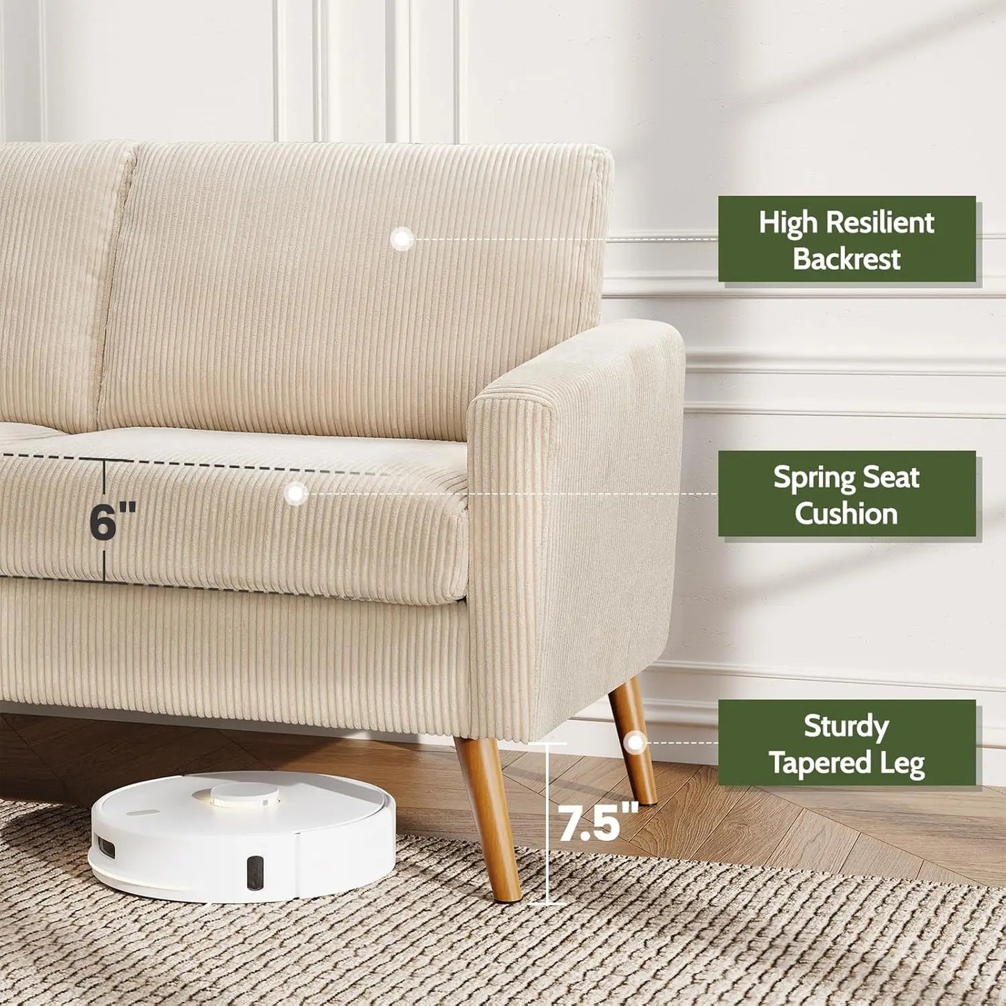 68 Inch Beige Corduroy Loveseat Sofa Mid Century Modern Small Love Seat