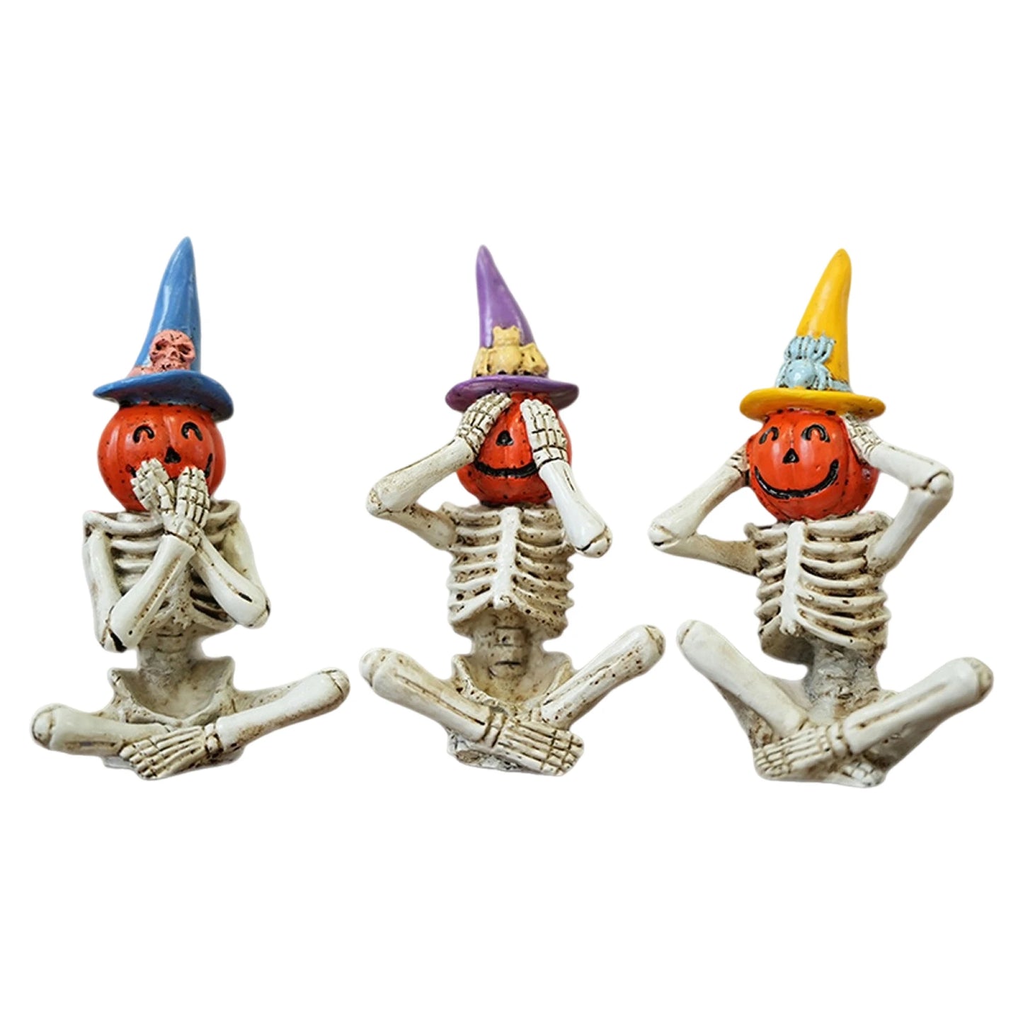 Haunted Skeleton Trio With Skulls And Black Cat Figurines